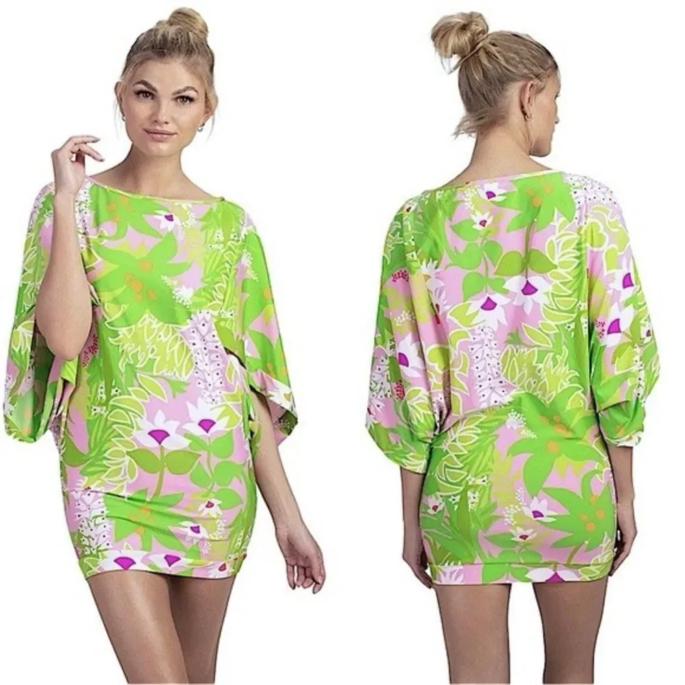 Trina Turk La Palma Green Floral Print‎ Tunic Swim Coverup Mini Dress Size Small